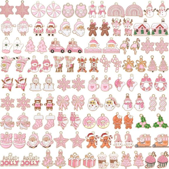 110Pcs/55 Pairs Christmas Charms, Pink Christmas Charm for Jewelry Making, Holid - Picture 1 of 7